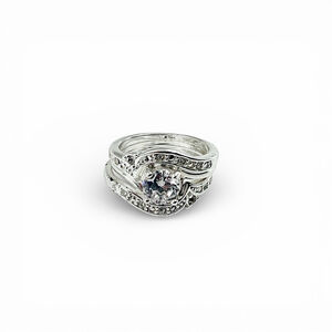 Avon Bridal Ring Set Size 10 Rhodium Plated CZ Engagement Wrap Bands Early 2000s